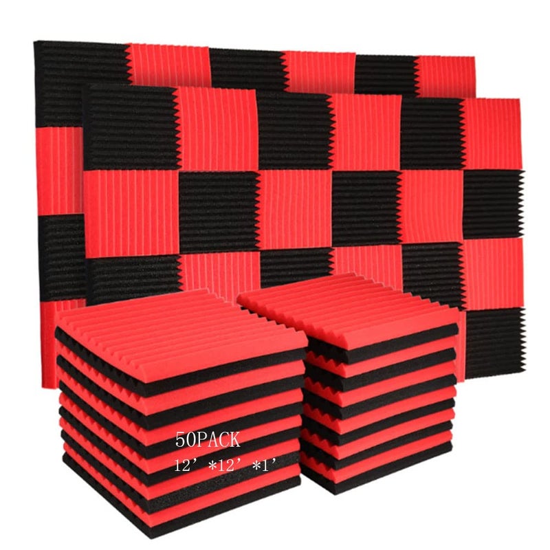 Burdurry 50 Pack Acoustic Panels Soundproof Studio Foam for Walls Sound Absorbing Panels Sound Insulation Panels Wedge for Home Studio Ceiling, 1" X 12" X 12" (Black&Red) - Image 1